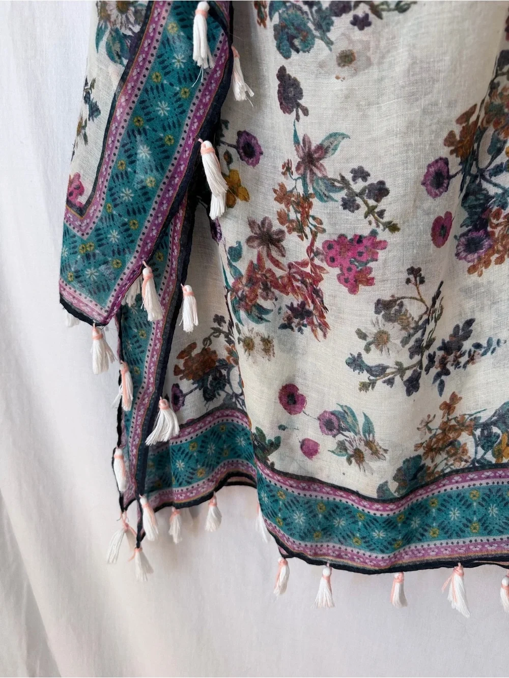 Floral Jewel Toned Folk Tassel Scarf Wrap